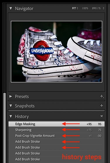 how to see history edit steps in Lightroom