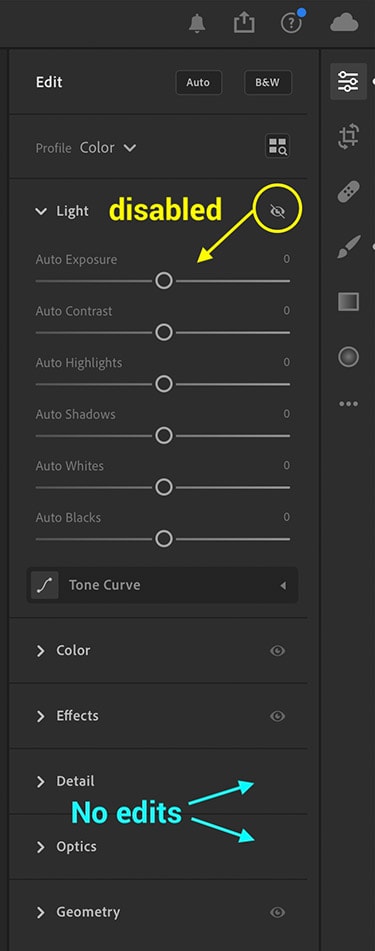 lightroom cc cloud adjustment panel before and after disabled